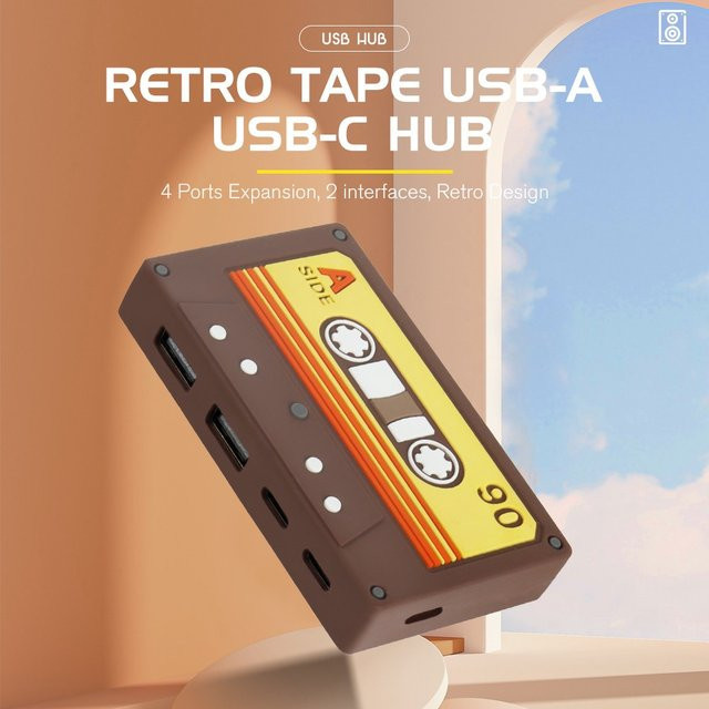 FocusOnPC Retro Kassetten USB-C-Hub 4-Port mit 2 USB-A und 2 USB-C Anschlüssen USB 2.0 Datenübertragungsadapter für Laptop und PC - Bild 1
