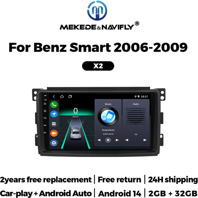 MEKEDE Android Multimedia-Autoradio mit 9 Zoll Display für Smart Fortwo W451 (2006-2009), 2 Din Stereo-System mit Wifi und Carplay, Schwarz - Bild 1