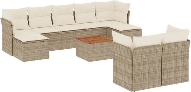vidaXL 10-tlg. Garten-Sofagarnitur in L-Form aus Poly-Rattan und Akazienholz mit Kissen in Beige-Creme - Bild 1