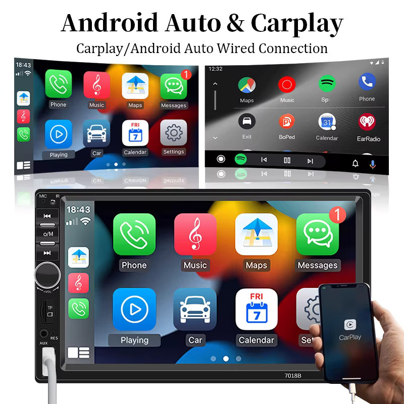 Hippcron 1DIN Autoradio Multimedia-MP5-Player mit 7 Zoll Touchscreen, Carplay, Android Auto, Mirror Link, FM, USB-A und Aux-Eingang in Schwarz - Bild 2