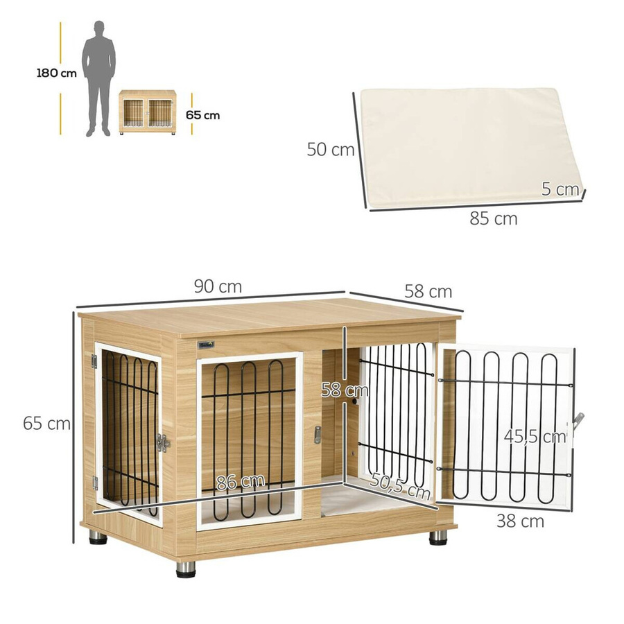 PawHut Hundehütte mit Kissen und Doppeltüren in Eiche, Hundebox für mittelgroße Hunde mit Tischplatte, B/T/H: 58 x 90 x 65 cm - Bild 3