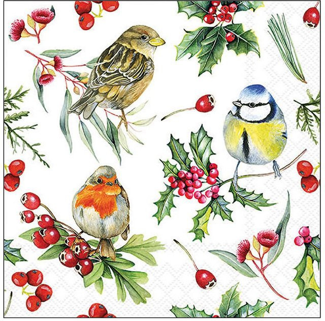Serviette Birds in Winter mit Vogelmotiven in Weiß und Multi aus Papier, Breite: 33,0 cm - Bild 1