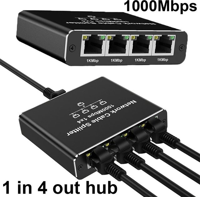 MZX Gigabit Netzwerk Hub 1 in 4 Ethernet Splitter RJ45 LAN Adapter 1000 Mbit/s Schwarz - Bild 1