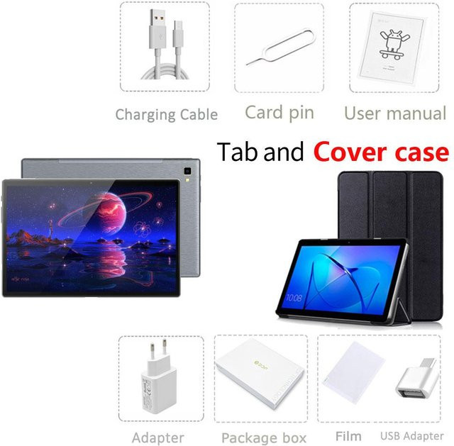 BDF Tablet PC 10,1 Zoll mit 6 GB RAM und 128 GB ROM, Android Octa Core, 5000 mAh Akku, 4G/5G, Grau inklusive Cover Case - Bild 1