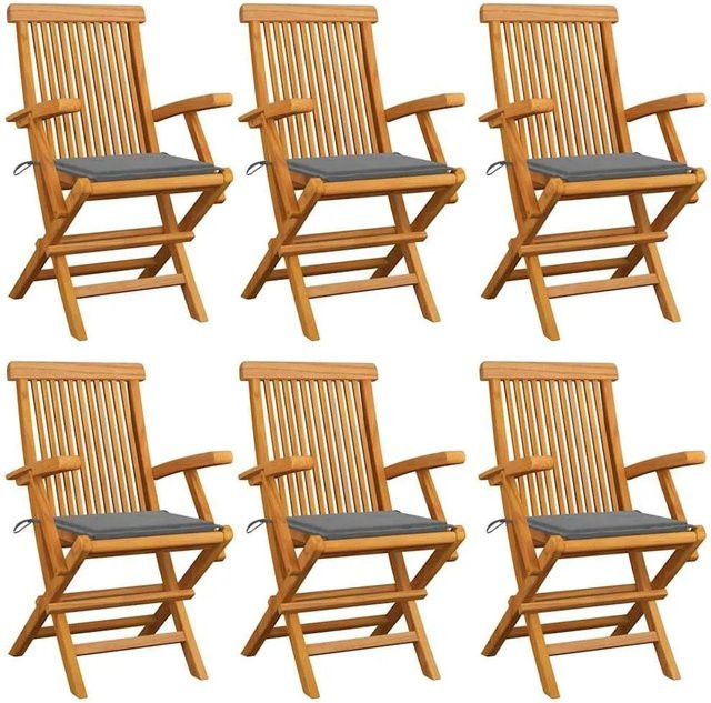vidaXL Gartenstuhl-Set aus Teakholz mit grauen Kissen, 6 Stück - Bild 1