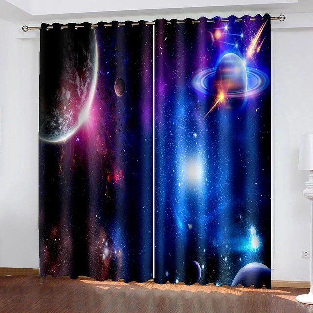 Yiran Furniture Weltraum Astronauten Vorhänge für Kinderzimmer und Wohnzimmer, 2er-Set aus Polyester, semi-transparent mit Ösen, Höhe: 130 cm, Breite: 100 cm - Bild 1