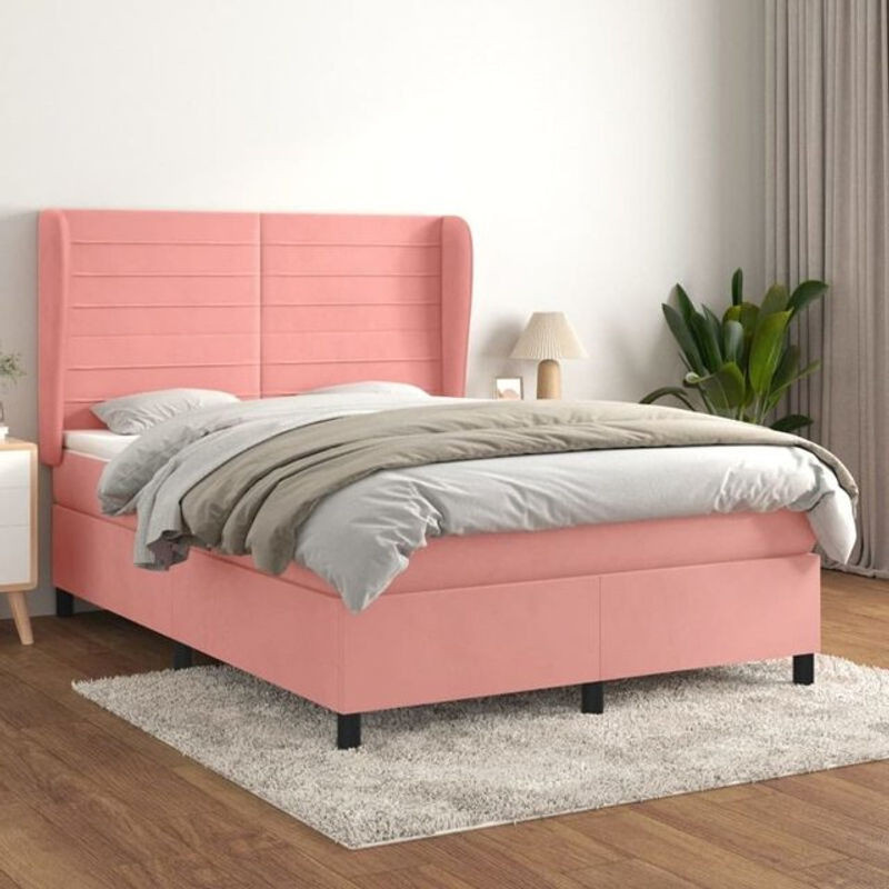 vidaxl Boxspringbett mit Matratze aus Samt in Rosa, B/T/H: 140 x 190 x 128 cm - Bild 1