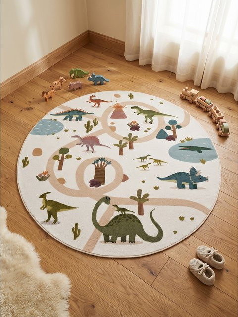 Waschbarer Spielteppich Kadima Design mit Dino-Landschaft in Creme und Beige, rund, Durchmesser: 120 cm - Bild 1