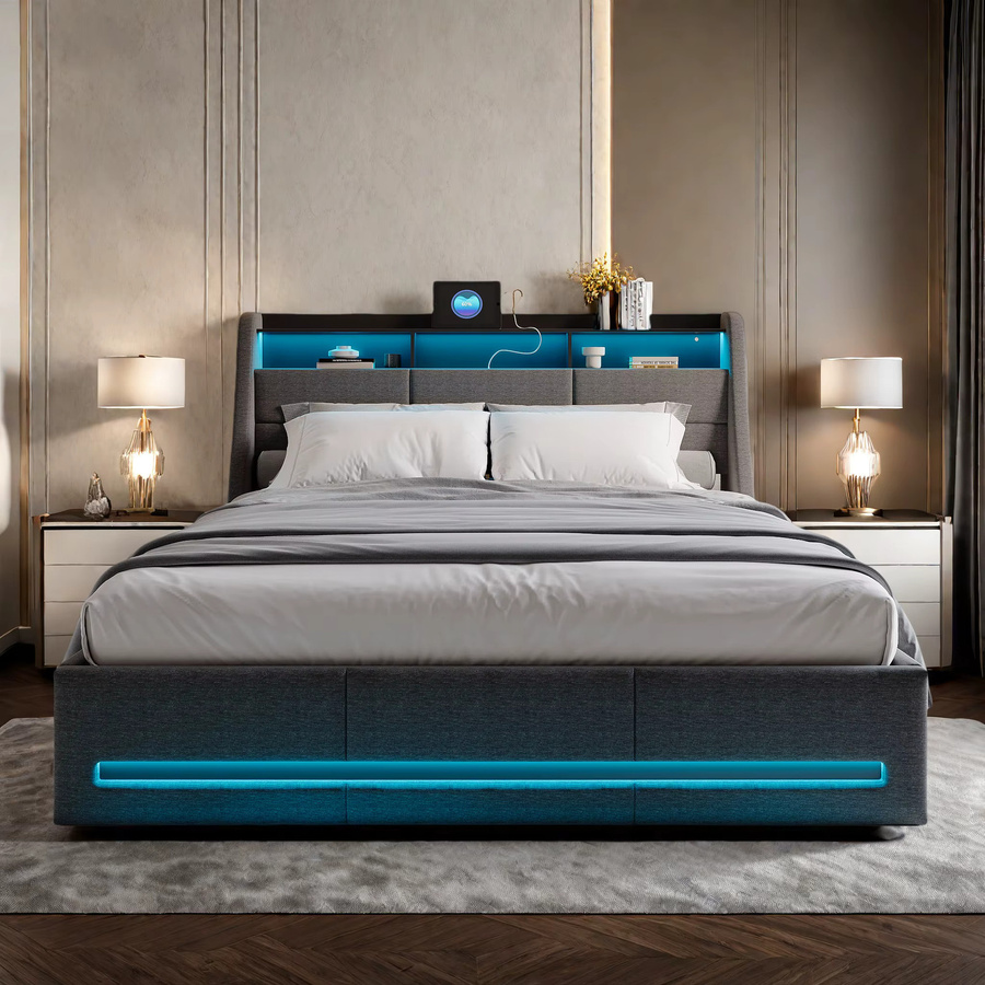 Rosahqnda Polsterbett in Grau mit Stauraum, LED-Kopfteil und USB-Ladefunktion, B/T: 140 x 200 cm - Bild 2