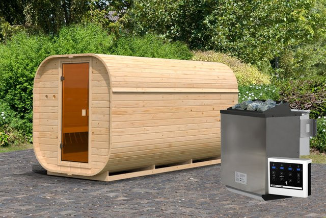 Fasssauna QUADRO 3 mit 9.0 kW BioKombiofen und Steuergerät, Holzstärke: 38 mm, Maße: 199 cm x 355 cm - Bild 1