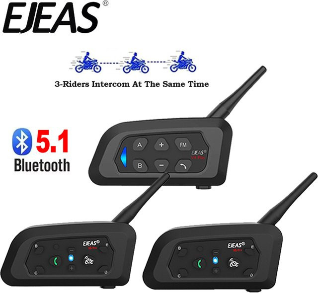 EJEAS Motorrad-Bluetooth-Headset Set mit V4 PLUS und 2x V6 PRO+ Intercom für 3 Fahrer, Wasserdicht mit Geräuschunterdrückung und MP3-Funktion, Schwarz - Bild 1