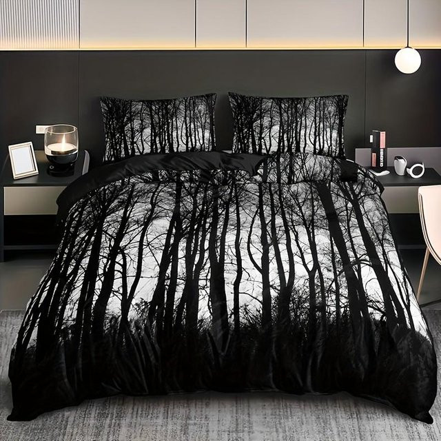 3-teiliges Baumwald Bettwäscheset mit Wald-Motiv in Schwarz, Microfaser, B/H: 228 x 228 cm - Bild 1