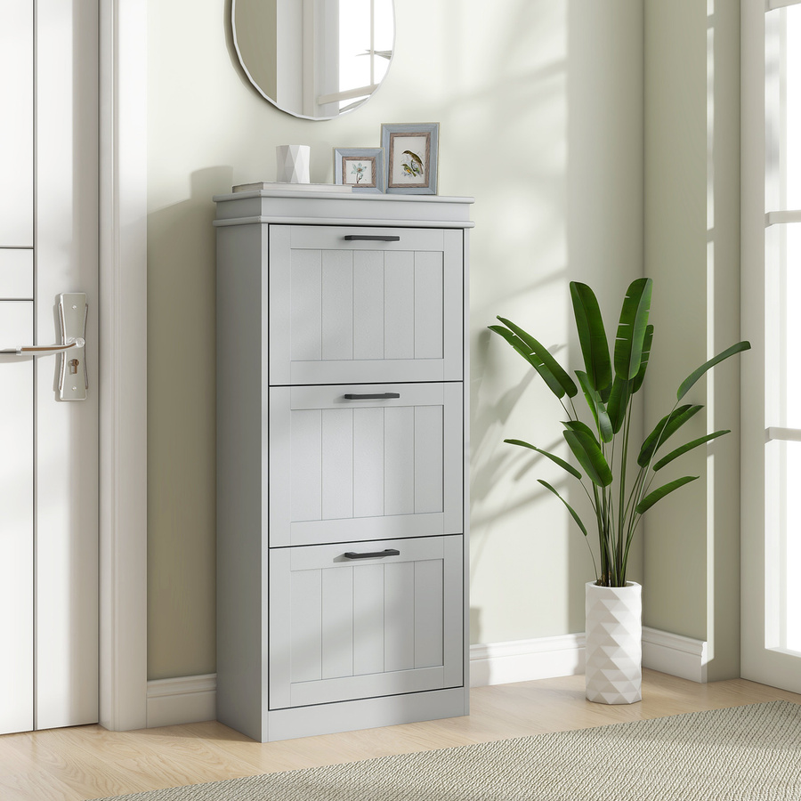 HOMCOM Schuhschrank Grau, moderner schmaler Schuhschrank mit 3 Klappfächern und verstellbaren Regalen für Flur und Eingangsbereich, B/T/H: 54 x 24 x 117,5 cm - Bild 2