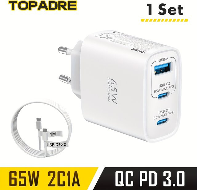 TOPADRE GaN Schnellladegerät 65W mit 3 Ports, USB-C Wandadapter mit PD 3.0 Schnellladung, Weiß - Bild 1