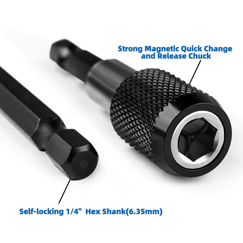 Magnetisches Quick Release Bit Set mit 1/4 Zoll Hex Schaft, Verlängerung und Adapter für Schrauben und Muttern, Schwarz - Bild 4
