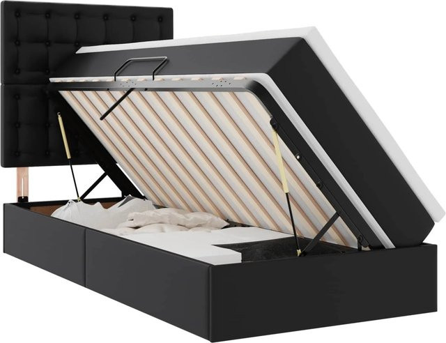 vidaXL Bett mit Stauraum und LED in Schwarz aus Kunstleder mit USB-Ladeport, B/T/H: 90 x 190 x 128 cm - Bild 1