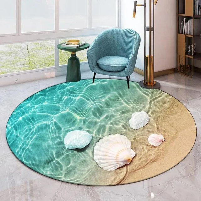 Karpetti Runder Teppich Seaside mit Strandmuster in Blau, Rutschfeste Bodenmatte für Wohnzimmer, Schlafzimmer und Badezimmer, Durchmesser: 40 cm - Bild 1