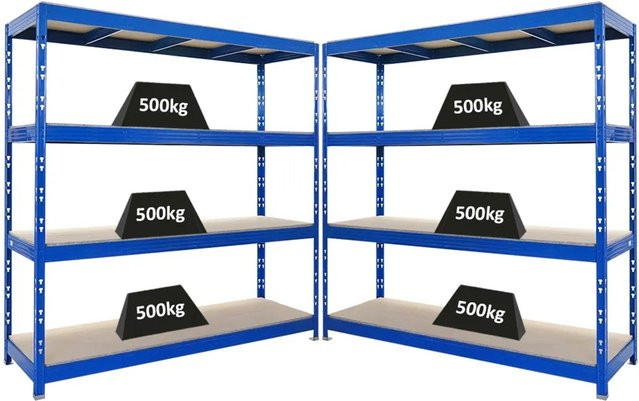 PROREGAL Rhino Profi Schwerlastregal Set aus 2 Stück, Blau, 4 Spanplatten-Ebenen, Fachlast 500kg, B/H/T: 200 x 200 x 60 cm - Bild 1