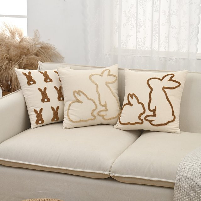 BUYNOW Kissenbezug Set mit Kaninchen-Stickerei in Beige im Vintage-Stil für dein Wohnzimmer, 2er-Set, quadratisch, Breite: 45 cm x Höhe: 45 cm - Bild 1