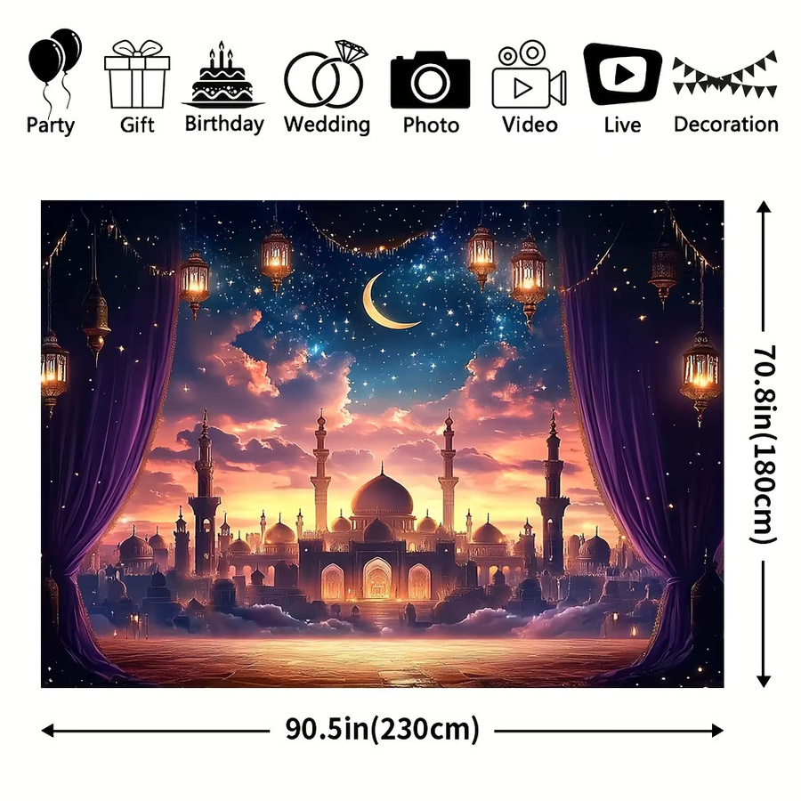 VIKAMA Wandbild Marokkanischer Palast mit Mond Motiv, Mehrfarbig, Textil-Banner für Ramadan und Eid al Fitr - Bild 2
