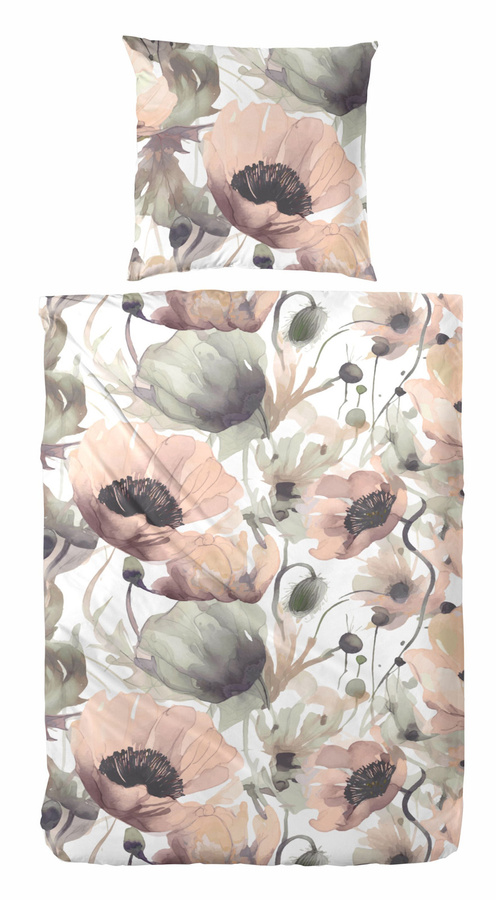 Primera Edelflanell Bettwäsche aus Baumwolle mit Blumenmuster Klatschmohn in Grün Puder, B/H: 155 x 220 cm mit Kissenbezug 80 x 80 cm - Bild 1