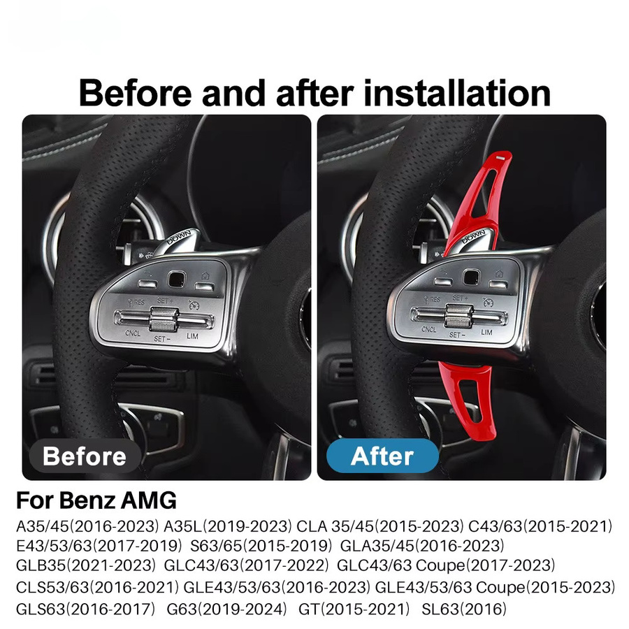 Schaltwippen Verlängerung für Mercedes-Benz AMG Modelle A35 A45 C63 E63 S63 G63 C43 CLA GLA GLC GLS GLE 2016-2023 in Rot - Bild 6