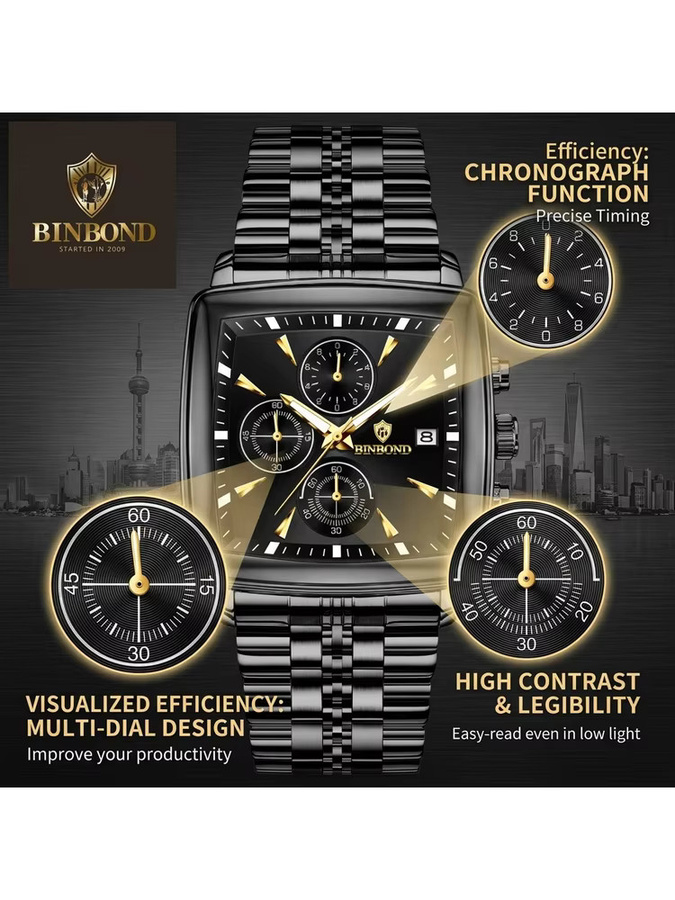 BINBOND Chronograph Herren, Quarz, Edelstahl, Schwarz, Eckig, Datum - Bild 5