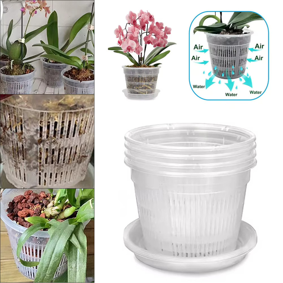 LEENKEA 5er Set Orchideen-Meshpot aus transparentem Kunststoff mit Untertassen zur Wurzelkontrolle - Bild 2