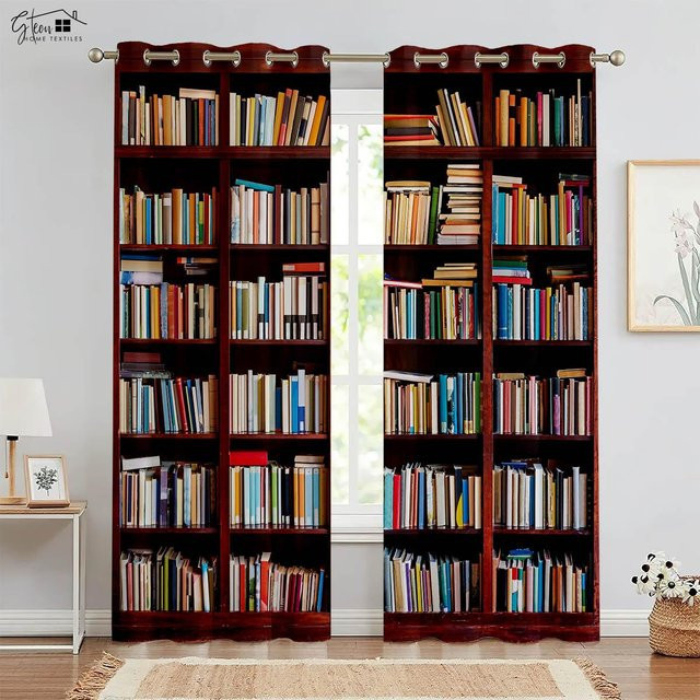 Yiran Furniture Retro Vorhänge mit 3D-Bücherregal-Print, 2-teiliges Set, halbtransparent, Mehrfarbig, Breite: 50 cm, Höhe: 160 cm - Bild 1