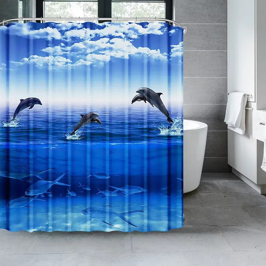 Duschvorhang Set Ozean Unterwasserwelt mit Delphinen in Blau aus Polyester für Kinder Bad Dekoration - Bild 2