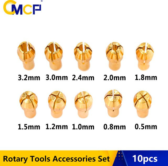CMCP 10 Stück Mini-Bohrer Messing-Spannzangenfutter Set in Gold für Dremel-Drehwerkzeuge mit 0,5–3,2 mm Mikro-Spannzangen und 4,3/4,8 mm Schaftfutter-Adapter - Bild 1