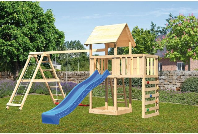 Karibu Spielturm Lotti mit Doppelschaukel, Kletterwand und Rutsche in Blau - Bild 1