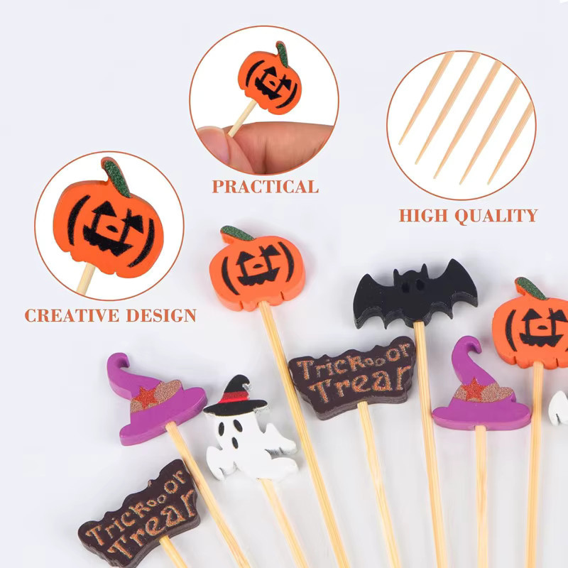 ZQNYCY Halloween Party Zahnstocher aus Bambus in Mehrfarbig mit Kürbis und Geist als Einweg Obstspieße und Dessertgabeln - Bild 2