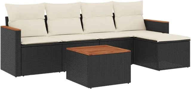 vidaXL 6-teilige Garten-Sofagarnitur in L-Form aus Poly-Rattan und Akazienholz mit Kissen in Schwarz-Creme - Bild 1