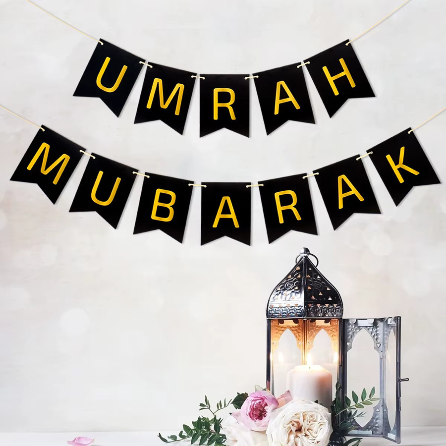 PATIMATE Umrah Mubarak Banner Eid Mubarak Dekoration in Schwarz, Orientalisches Ramadan Kareem Wimpel-Set aus Papier für islamische Muslimische Partys - Bild 2
