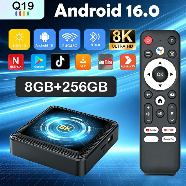 Smart TV Box Android 16 mit Allwinner H618 Quad Core, 8GB RAM, 256GB ROM, 8K Ultra HD, Bluetooth 6.0 und Google Sprachassistent in Schwarz - Bild 1