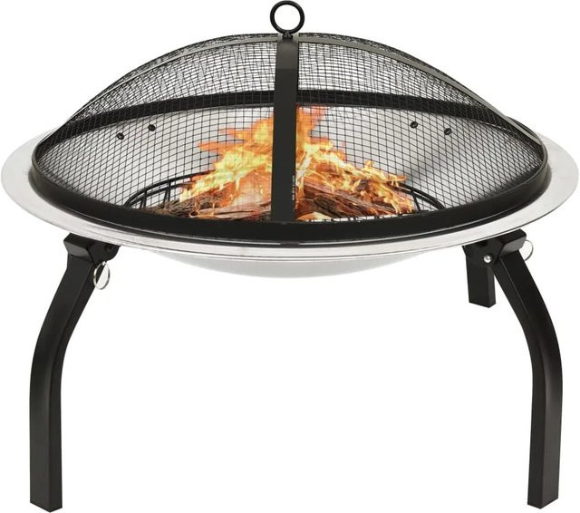 vidaXL 2in1 Feuerschale und Grill aus Edelstahl in Silber mit Schürhaken, B/T/H: 56 x 56 x 49 cm - Bild 1
