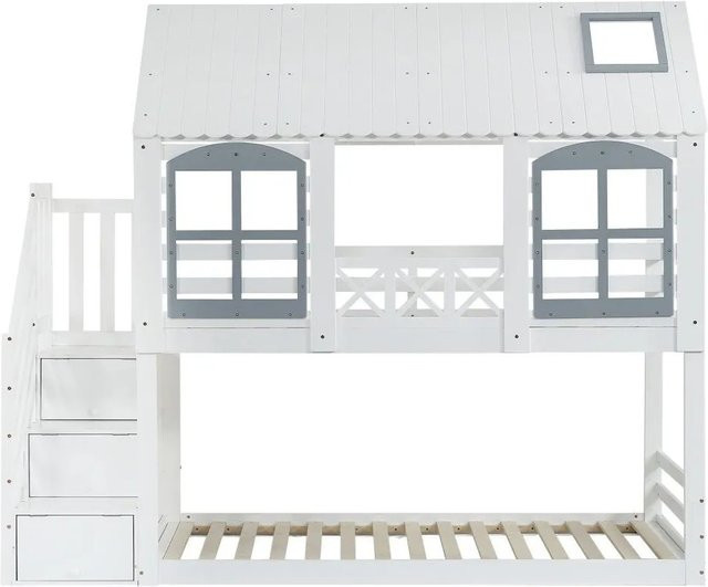 KOMHTOM Etagenbett für Kinder mit Hausdach, Fenster, Fallschutzgitter und Treppe mit 3 Schließfächern, Kiefer und MDF, Weiß und Grau, B/T/H: 200 x 90 x 215 cm - Bild 1