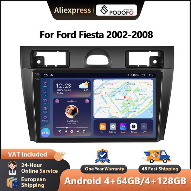 Podofo Wireless CarPlay Autoradio mit KI-Funktion für Ford Fiesta 2002-2008, Android Multimedia-Player mit GPS und WIFI in Schwarz, 2-DIN-Radio mit DSP FM/RDS EQ - Bild 1