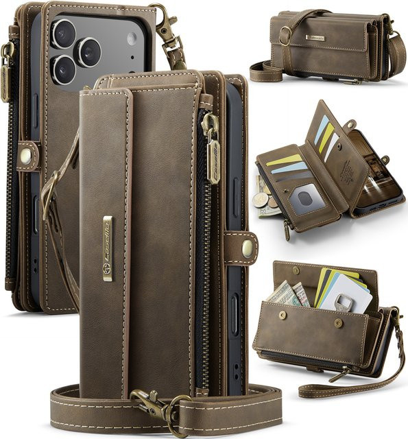 HQBBRO Leder-Handytasche mit Magnetverschluss und Kartenfach für iPhone 11 bis iPhone 17 Pro Max, Lanyard-Tasche als Book Cover, Farben: Schwarz oder Braun - Bild 1