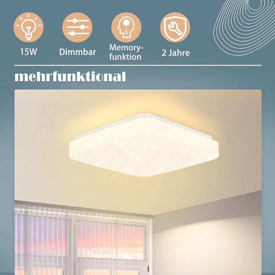 Cliheet LED-Deckenleuchte Sternenhimmel in Weiß, 15W, quadratisch, 3000 K Warmweiß, Durchmesser: 21 cm - Bild 2
