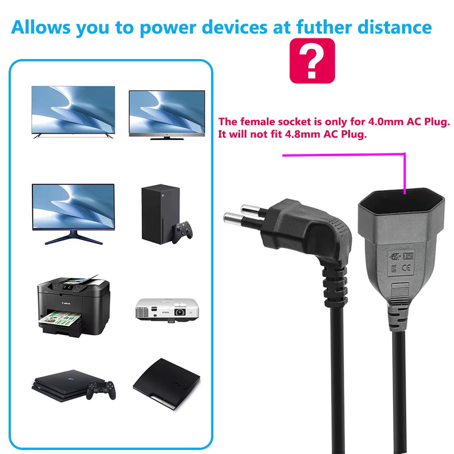 EU Power Verlängerungskabel Europäisches 2-poliges AC Stromkabel Stecker auf Buchse in Schwarz - Bild 2