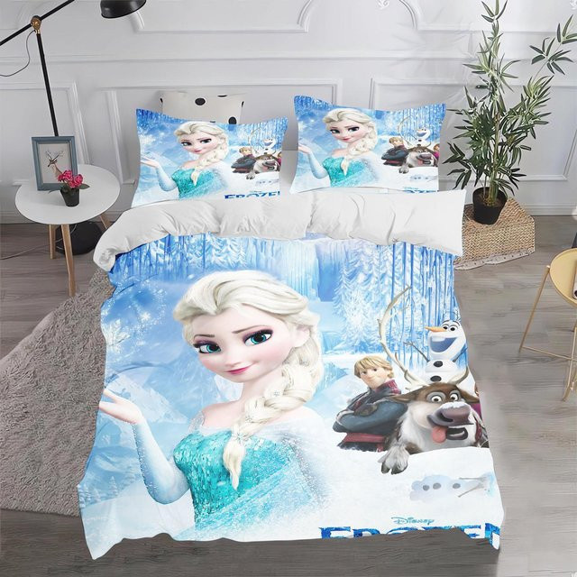 Paslu Bettwäsche-Set Eiskönigin Elsa und Anna mit Cartoon-Design, Blau, 3-teilig, B: 150 cm, L: 200 cm - Bild 1