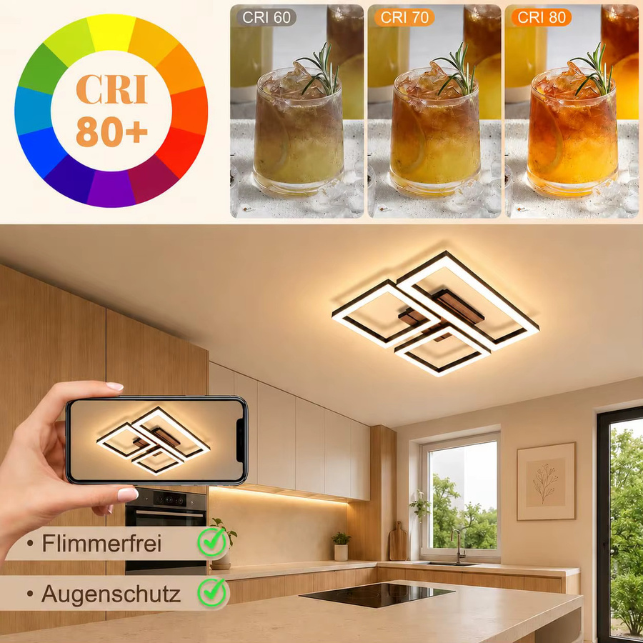 Nettlife LED Deckenlampe in Schwarz und Holzoptik, moderne eckige Deckenleuchte mit 21W und 3000K Warmweiß, Durchmesser: 37 cm - Bild 3