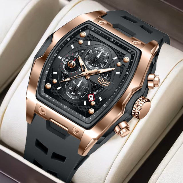 LIGE Chronograph, Quarz, Eckig, Silikon, Schwarz, Herren - Bild 1