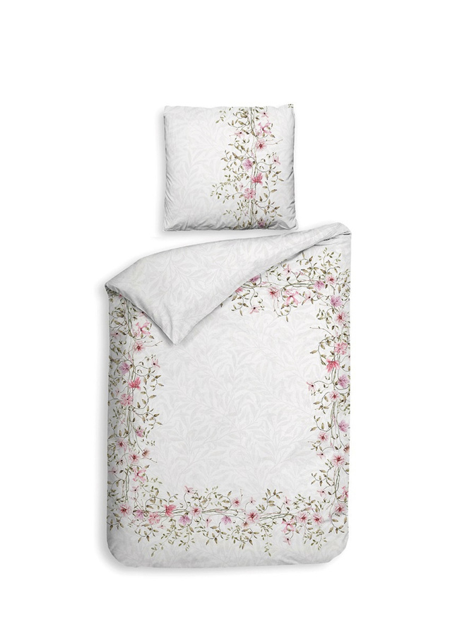 Heckett & Lane Mako-Satin Bettwäsche Jolie White Blütenranke Wende, Farbe: Weiß, Rosa, Grün, B/H: 155 x 220 cm und 80 x 80 cm - Bild 1