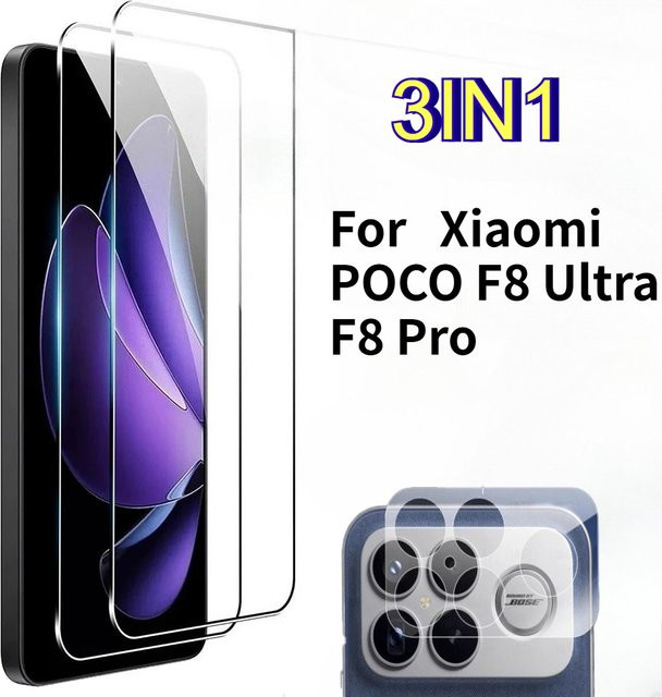 3in1 Gehärtetes Glas Schutzfolie für Xiaomi Poco F8 F7 Ultra Pro mit Vollabdeckung und Objektivschutz, Transparent, HD Anti-Kratz-Schutz - Bild 1