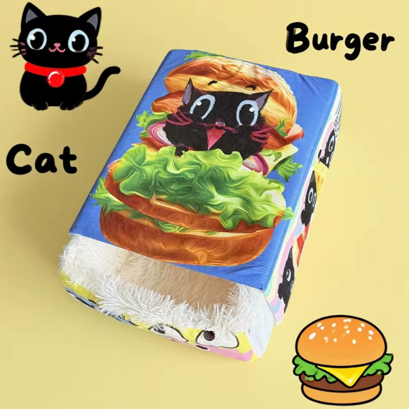 BOOTEELY Plüsch-Katzenbett Hamburger-Design als gemütliche Snackbox für Katzen in Schwarz und Multicolour - Bild 2