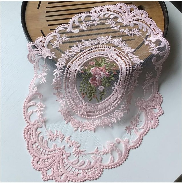 Rosa Retro-Spitzendeckchen aus Baumwolle mit floralem Design, handbestickte Tischsets und Tassenuntersetzer im französischen Stil - Bild 1