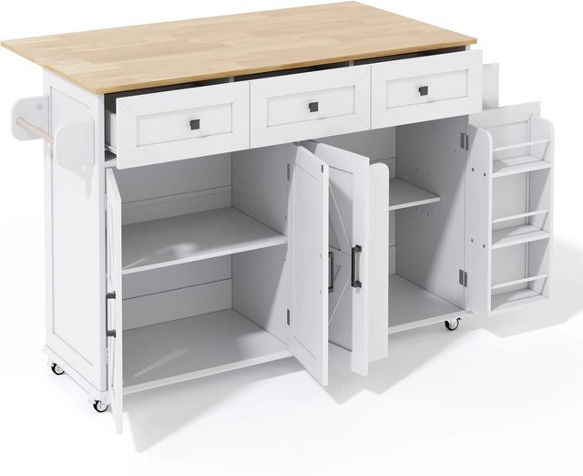 okwish Kücheninsel mit klappbarer Arbeitsplatte in Weiß, modern mit 4 Türen, Schubladen und 5 Rollen, B/T/H: 140 x 43 x 90,5 cm - Bild 1